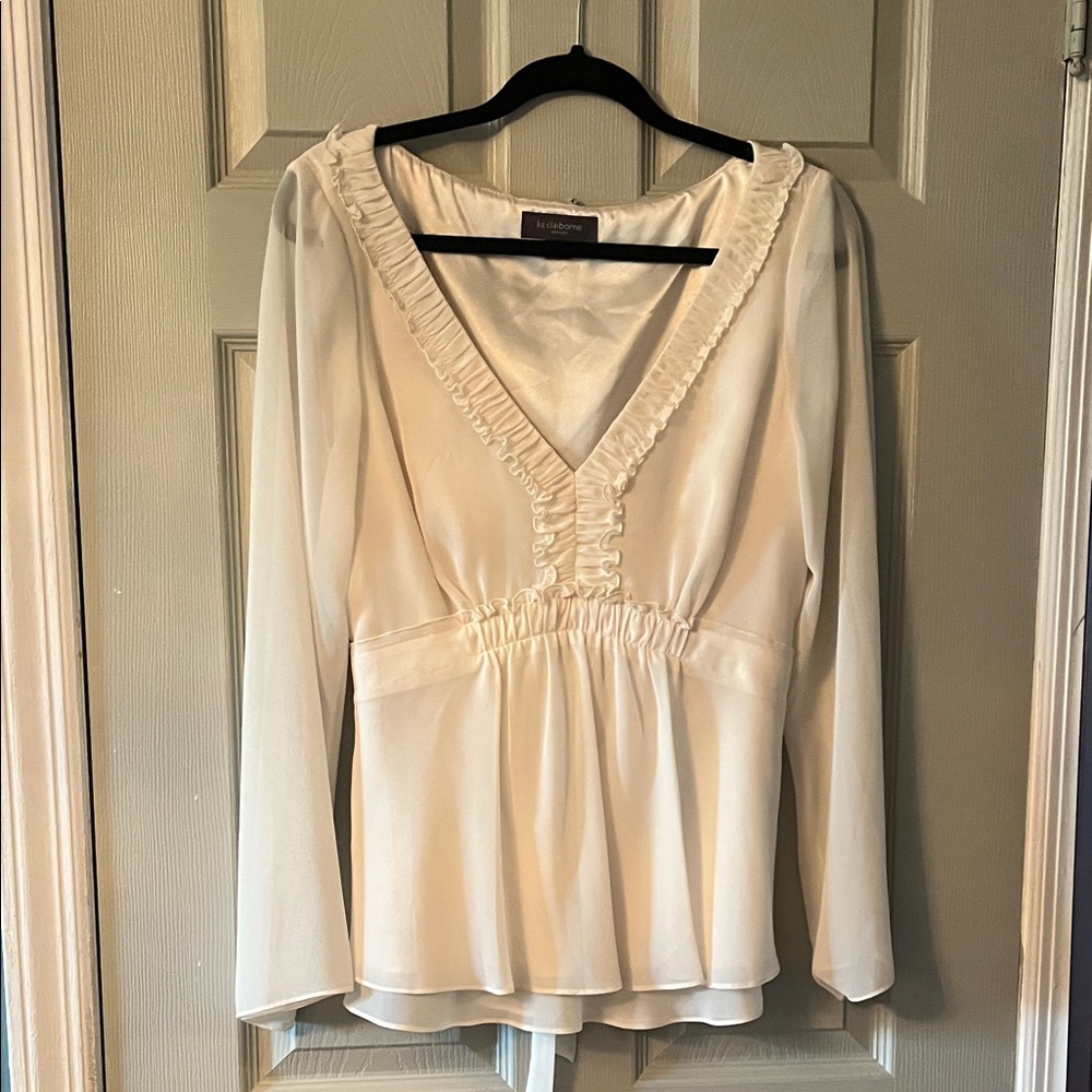 Liz Claiborne Cream Ruffle V-Neck Blouse